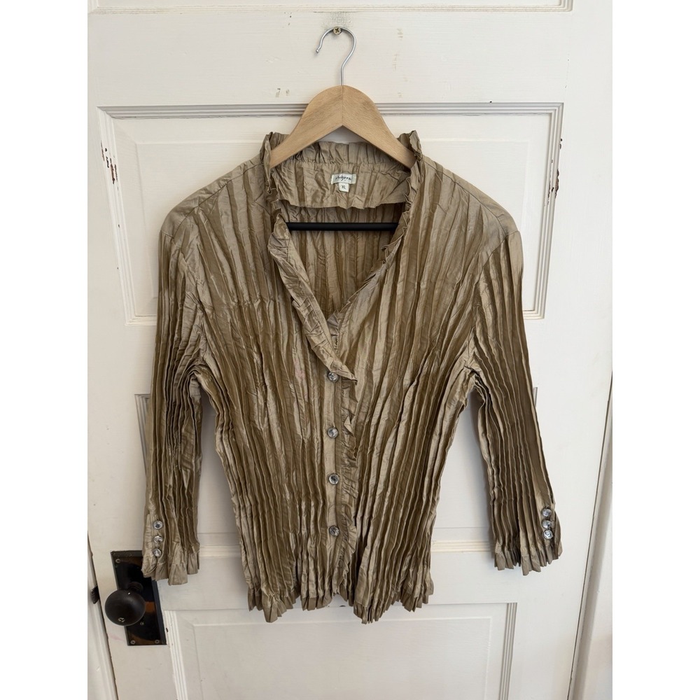 Women's Vintage Agora‎ Crinkle Pleated Gold Button Up Long Sleeve Blouse Top XL